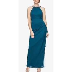 Alex Evenings Teal Beaded Halter Neck Formal Maxi Dress Size 6 Stretch Mesh